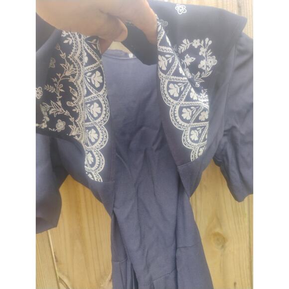 Vintage Navy Blue Maxi Dress Sailor Collar Floral Embroidered Cottagecore Sz 10 - Picture 8 of 11